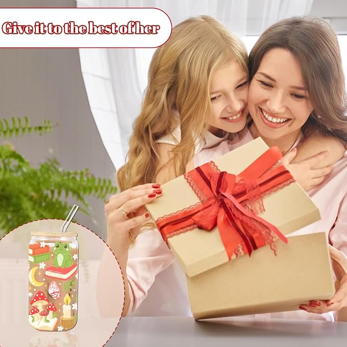 Whimsical Bookish Forest Iced Coffee Cup, Fantasy Cottagecore Glass Tumbler, 16 oz Cozy Reading Coffee Glass Cup with Lid Straw, Christmas Stocking Stuffers, Enchanted Book Lover Gift