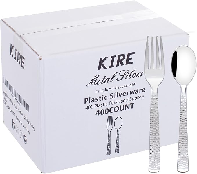 KIRE 400PCS Silver Plastic Forks and Spoons Disposable-Heavy Duty Plastic Silverware Set Silver Spoons and Forks-200 Forks and Spoon for Parties/Birthday/Wedding for Christmas