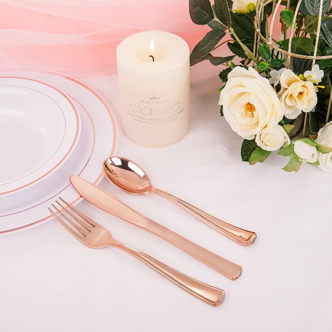 WDF160 Piece Rose Gold Disposable Cutlery Set - Heavyweight Plastic Silverware - Includes 80 Forks, 40 Spoons, 40 Knives - Rose Gold Silverware Perfect for Wedding, Party, Valentines Day