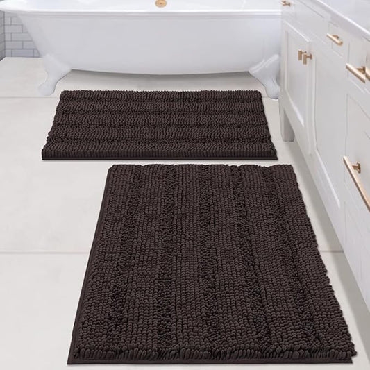 H.VERSAILTEX 2 Piece Bathroom Set - Super Absorbent Chenille Striped Bath Mats - Non Skid, Machine Washable - Chocolate, 24 x 36 Plus 20 x 32 Inches