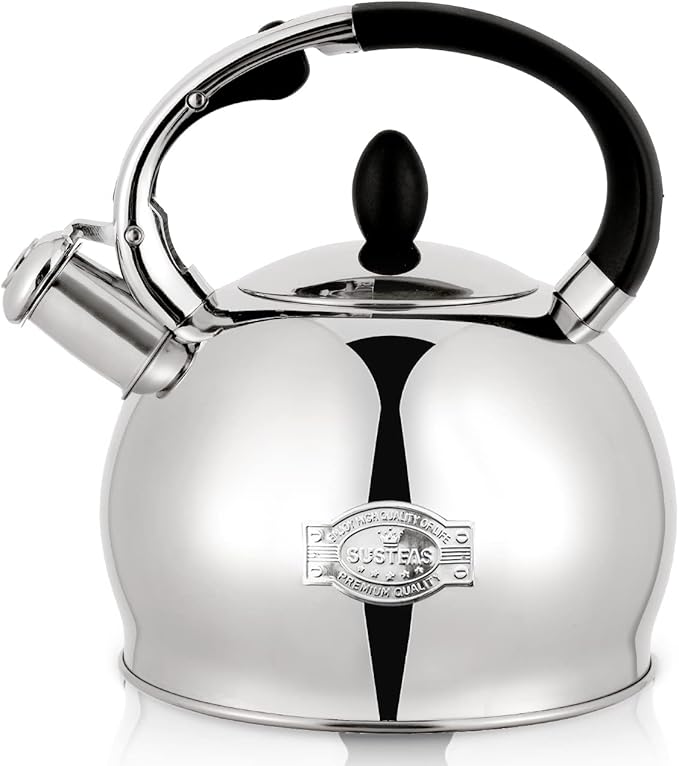 SUSTEAS Stove Top Whistling Tea Kettle - Food Grade Stainless Steel Teakettle Teapot with Cool Touch Ergonomic Handle, With 1 Silicone Pinch Mitt Included,2.64 Quart(SILVER)