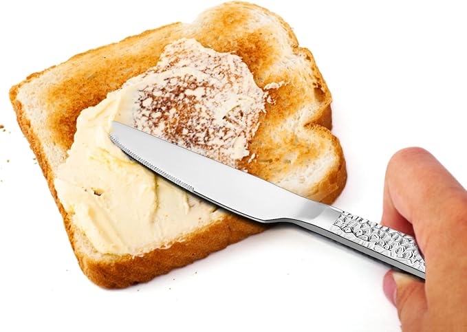 E-far Hammered Dinner Knives Set of 6, 8.9 Inch Stainless Steel Serrated Steak Butter Knife for Home Kitchen Restaurant, Modern Design & Square Edge, Mirror Finish & Dishwasher Safe