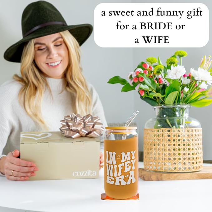 In My Wifey Era Cup 16oz Glass Coffee Cup with Bamboo Lid & Straw | Wifey Bride Cup, Cute Aesthetic Glass Tumbler for Women
