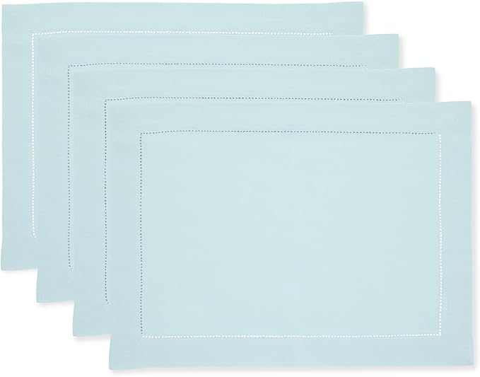 Solino Home Linen Cloth Placemats Set of 4-100% Pure Linen Hemstitch Aqua Blue Placemats 14 x 19 Inch - Classic Hemstitch Table Place Mats for Winter