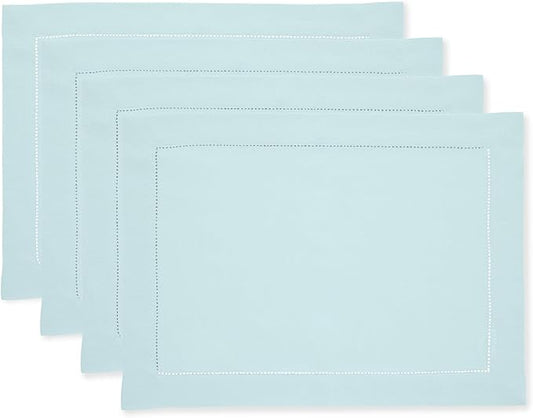Solino Home Linen Cloth Placemats Set of 4-100% Pure Linen Hemstitch Aqua Blue Placemats 14 x 19 Inch - Classic Hemstitch Table Place Mats for Winter