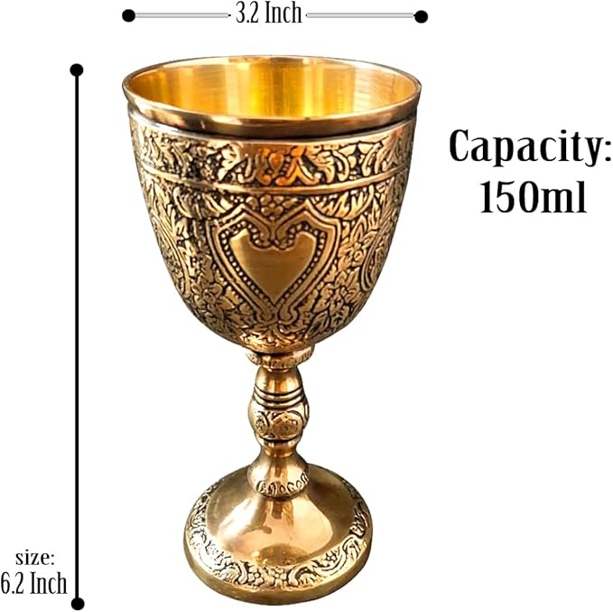 Solid Brass Vintage Chalice Goblet Golden Roman King Arthur Wine Cup Renaissance Medieval Drinking Goblet Unique Gift (Brass Antique,150 ml)