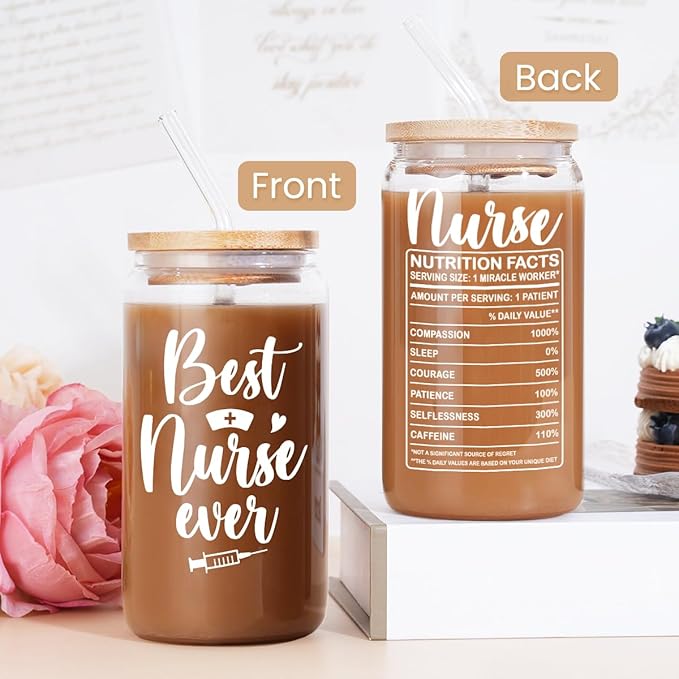 SANDJEST Nurse Cup 16 Oz Glass Can with Bamboo Lid and Straw - Nurse Gifts for Women - Appreciation Nursing Gifts for Female on Birthday
