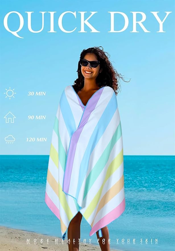 2 Pack Microfiber Lightweight Thin Beach Towel Sand Free Quick Dry Super Absorbent Large Towels for Swimming Pool Yoga Gym Travel Vacation Beach Accessories Essentials Stripes