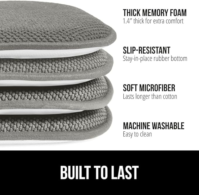 GORILLA GRIP Chair Cushions, Set of 8, 16x16, Memory Foam Pads for Dining Room, Kitchen Table, Office Desk, Rocking Chairs, Stay in Place Backing, Comfortable Microfiber Seat Cover Pad Cushion, Gray