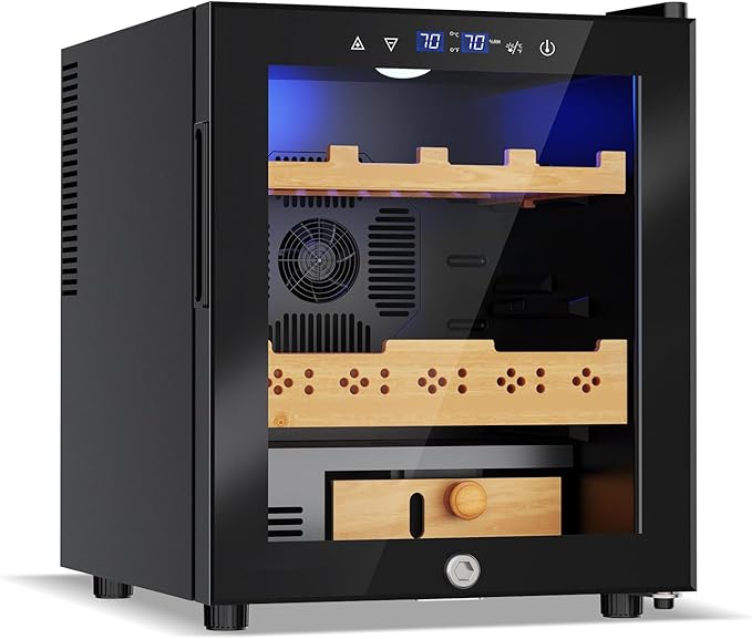 Electric Humidor-50L Cooling & Heating Humidor, Smart Touch Control Humidity & Temp Humidors wtih Spanish Cedar Wood Tray, Digital Display, Safety Lock, Desktop Gift for Men