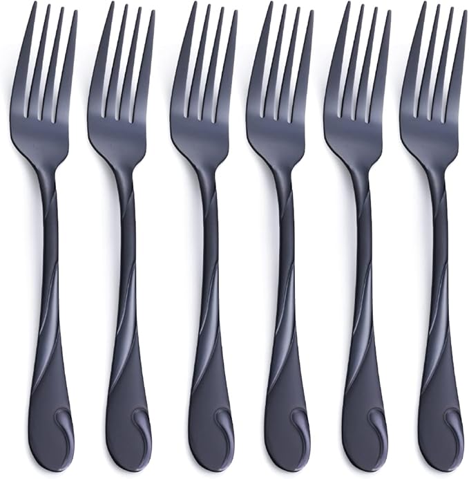 Black Salad Fork Set, Seeshine 6.9-inch Stainless Steel Shiny Black Metal Dessert Fork, Small Cake Fork, Set of 6