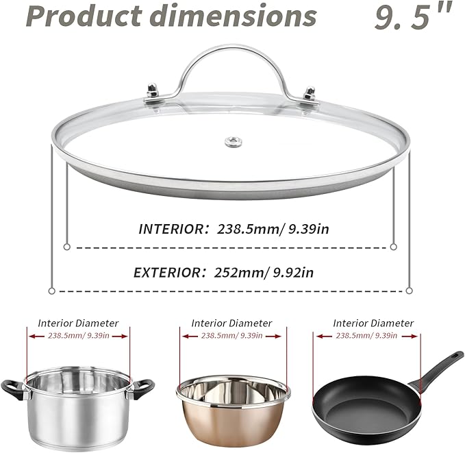 9.5" Tempered Glass Pan Lid with Steam Vent, Thickened to 4mm and Dishwasher Safe and Oven up to 480℉, Universal Lid Fit for Cast Iron Skillets, Frying Saute Pan, Cooking Pot