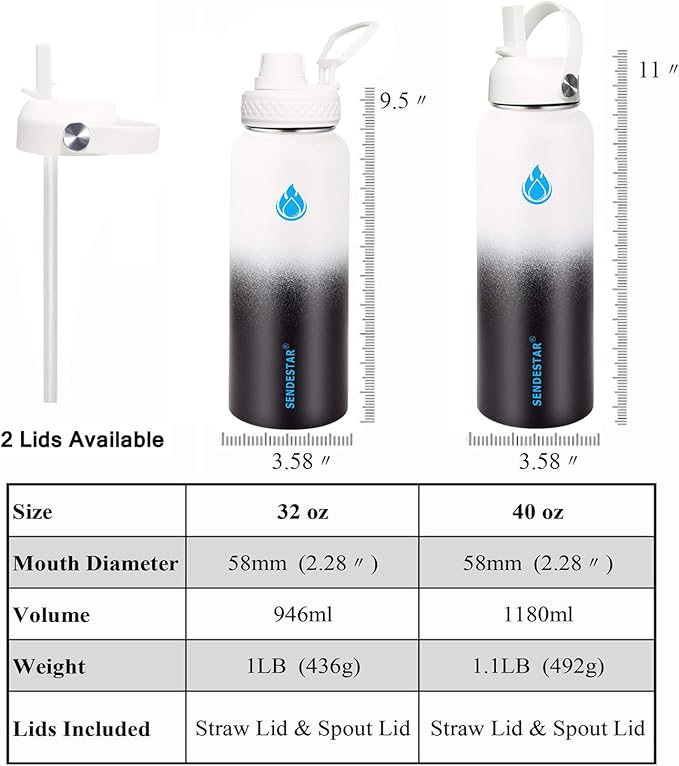 SENDESTAR Water Bottle 32oz Double Wall Vacuum Insulated Leak Proof Stainless Steel Sports Water Bottle—Wide Mouth with New Flex Straw Lid & Spout Lid (Day&Night)