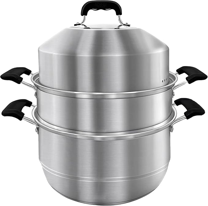 MANO Steamer Pot for Cooking 14.2 inch Steam Pots with Lid 2-tier Stainless Steel Steaming Pot Multipurpose Cookware with Handle for Vegetable, Dumpling, Stock, Sauce, Food…