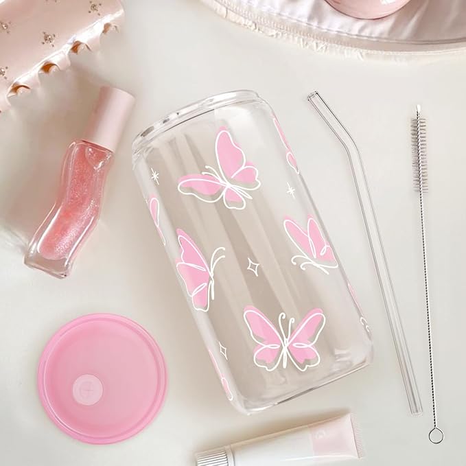 Butterfly 16 Oz Can Glass Tumbler with Acrylic Lid and Straw - Iced Coffee Cups for Women, Aesthetic Glass Cup Gift for Birthday Christmas
