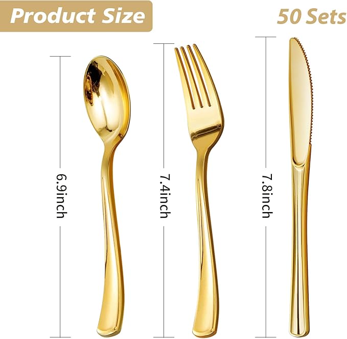 Goodluck 150PCS Gold Plastic Silverware, Gold Utensils Disposable, Plastic Cutlery Set of 50 Forks, 50 Spoons, 50 Knives for Wedding, Party, Birthday, Holidays