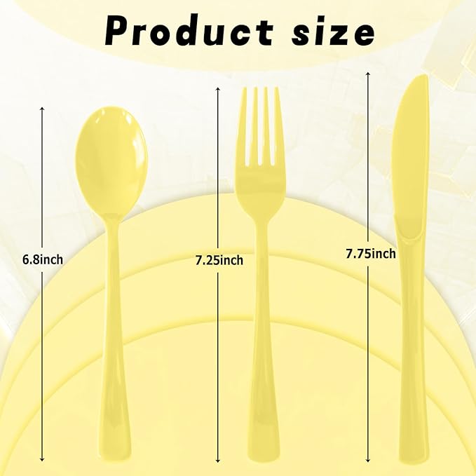 150 Pack Disposable Plastic Silverware, Heavy Duty Light Yellow Plastic Cutlery Set Includes 50 Forks 50 Knives 50 Spoons for Birthday Wedding Party Picnics (150, Light Yellow)