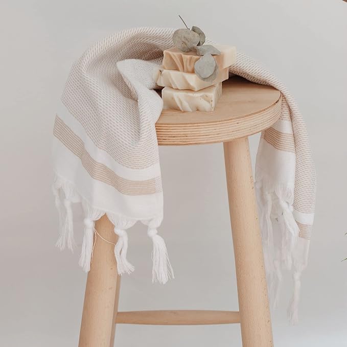 sea me at home Turkish Hand Towels for Bathroom, Kitchen Towels Decorative Set of 2, Luxury Turkish Cotton Dish Tea Towels 14 x 30 Inches for Bohemian, Rustic, and Farmhouse Decor (Beige)