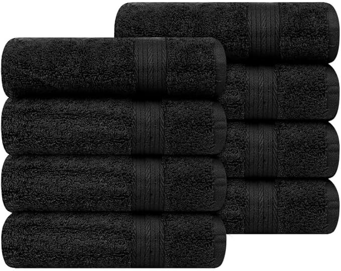 Ample Decor Hand Towel 18 X 28 Inch Pack of 8 600 GSM 100% Cotton,Oeko Tex Certified Soft Absorbent Thick Durable Premium Quality, for Hotel, Bathroom,Spa, Daily Use,Gym -Machine Washable-Black