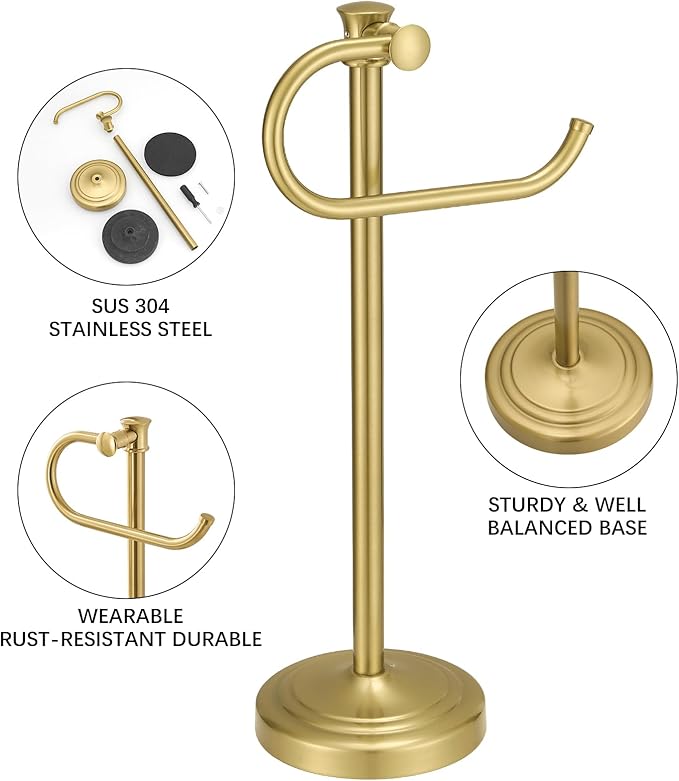 BESy 17 Inch Brushed Gold Stand Towel Bar Hanger Hand Towel Bar Bathroom Vanity Countertop Towel Holder Free Standing Stainless Steel Towel Ring Hardware Accessories Towel Rack