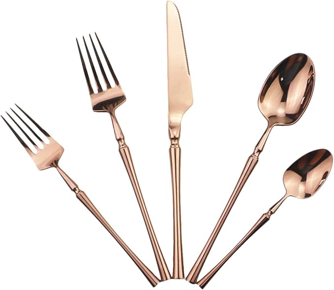 Gugrida Copper Silverware Set, 5-Piece 18/10 Stainless Steel Flatware Cutlery Set for 1,Mirror Finish, Ideal for Wedding Festival Party Home Kitchen, Dishwasher Safe