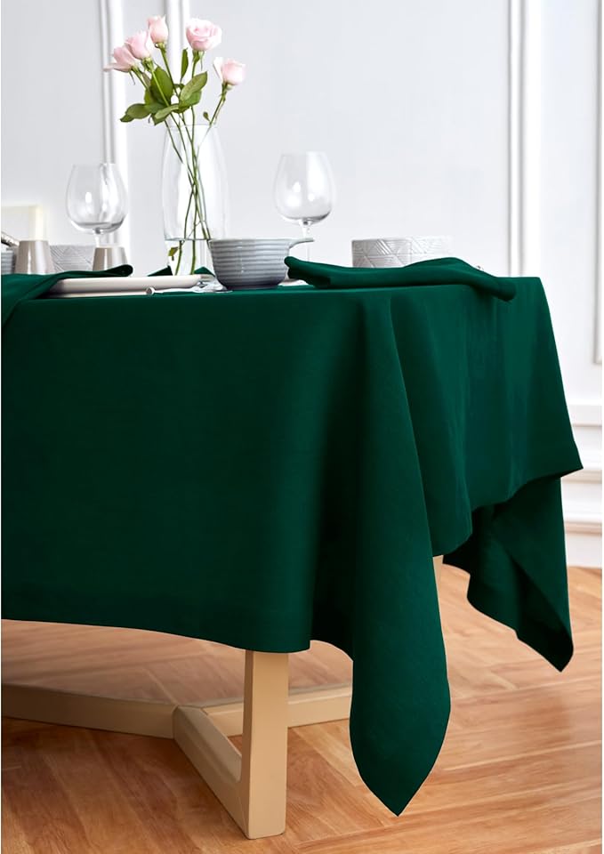 Solino Home Green Linen Tablecloth 70 x 108 Inch - 100% Pure Linen Table Cloth for Rectangle Tables - Sonoma, Machine Washable Tablecloth for Winter, New Year