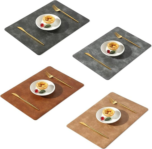 UnivoColors Washed Cowhide Pattern PU Leather Placemats Set of 4 Colors Heat Resistant Kitchen Table Mats, Waterproof Wipeable for Party Decoration(Black+Grey+Camel+Reddish Brown)