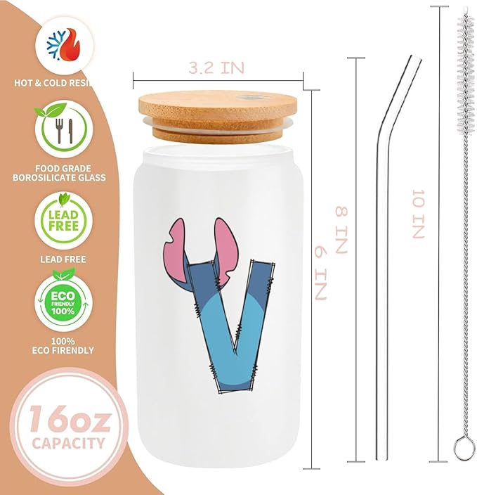 Cute Cartoon Lover Gifts Initial A-Z Personalized Iced Coffee Cup Cartoon Merch 16oz Glass Cup with Lid and Straws Birthday Christmas Gifts for Women Teen Girls Fans (Letter V)