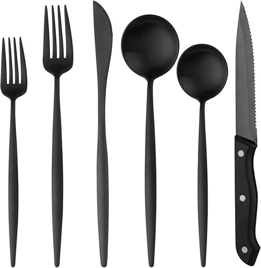 24 Pieces Matte Black Silverware Set with Steak Knife, Stainless Steel Flatware Set for 4, Satin Finish Spoons and Forks Silverware Set, Black Cutlery Utensils Set, Dishwasher Safe