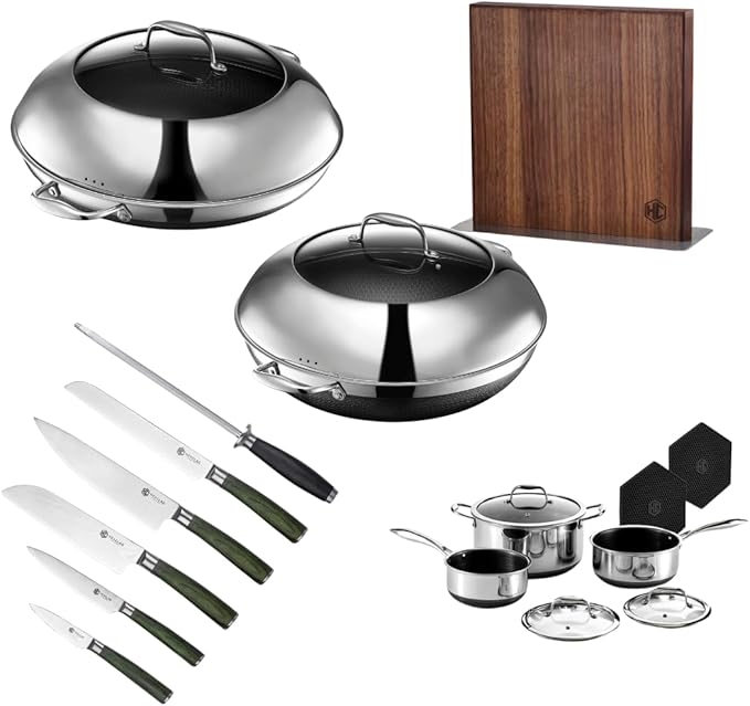 HexClad Hybrid Nonstick 19-Piece Cookware Set, 14" Pan with Lid, 14" Wok with Lid, 6-Piece Essential Knife Set, Magnetic Knife Block, 2, 3, and 8Qt Pots with Lids, and 2 Silicone Trivets