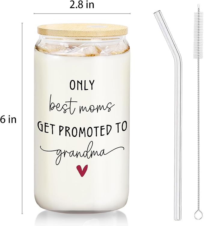 Promoted to Grandma Glass Cup with Lids and Straws 14oz, First Time Soon to Be Grandma Gifts, Mother's Day Gifts for New Grandmother Glass Iced Coffee Tumbler Drinking Jars with Cleaning Brush
