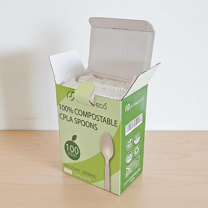 Compostable Spoons 100 Count Heavy Duty 100% No Plastic Spoons Bulk Cornstarch Biodegradable Spoon Eco Friendly Compostable Utensils for Party Campin