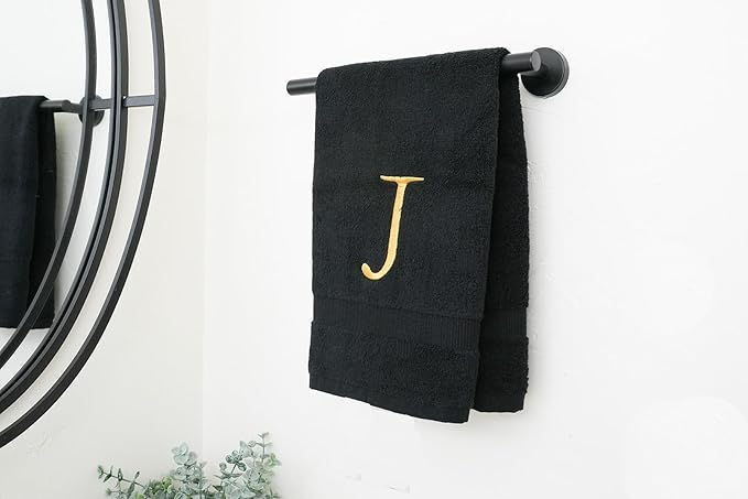 Black, Letter Hand Towel for Bathroom - Monogrammed Initial Hotel Quality Decorative Embroidered Towel for Powder Room, Spa - GOTS Organic Certified - Pack of 2, Letter J
