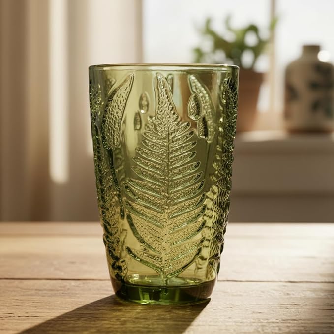 Vintage Green Drinking Glasses Set of 8, 12 oz Handcrafted Green Glass Tumblers, Fern Embossed Antique Colored Glassware, Boho Aesthetic Textured Highball Cups, Retro Drinkware Christmas Gift Set