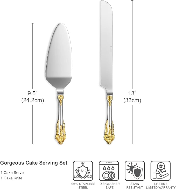 KEAWELL Gorgeous Wedding Cake Knife and Server Set, 18/10 Stainless Steel, Fine Luxury Cake Cutting Set (Gold Accent)