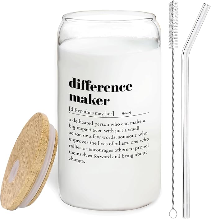 Difference Maker Glass Cup with Lids and Straws 14oz - Appreciation Gifts Thank You Gifts for Boss Leader Teacher Mentor Coach Manager, Glass Coffee Tumbler Drinking Jars with Cleaning Brush