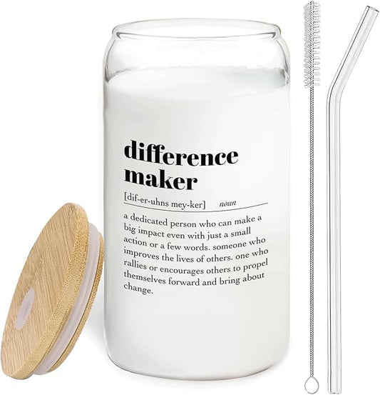Difference Maker Glass Cup with Lids and Straws 14oz - Appreciation Gifts Thank You Gifts for Boss Leader Teacher Mentor Coach Manager, Glass Coffee Tumbler Drinking Jars with Cleaning Brush