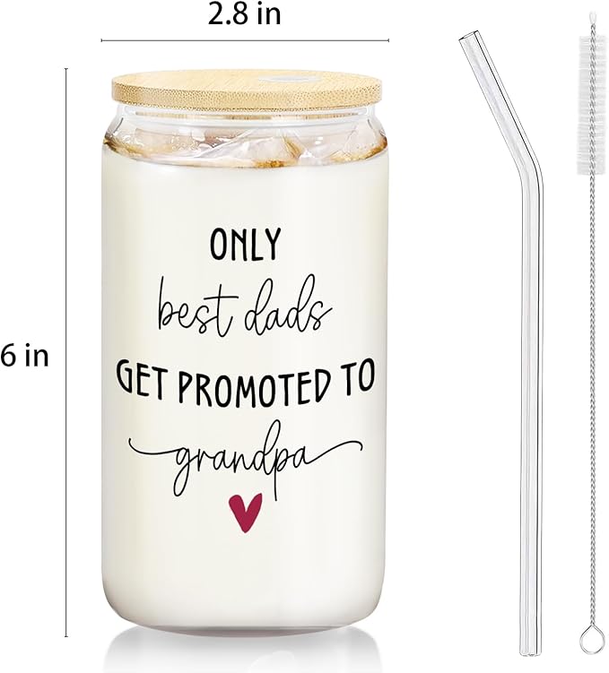 Get Promoted to Grandpa Glass Cup with Lids and Straws 14oz, Grandpa to Be Gifts, Pregnancy Announcement for Grandfather Glass Coffee Tumbler Drinking Jars with Cleaning Brush