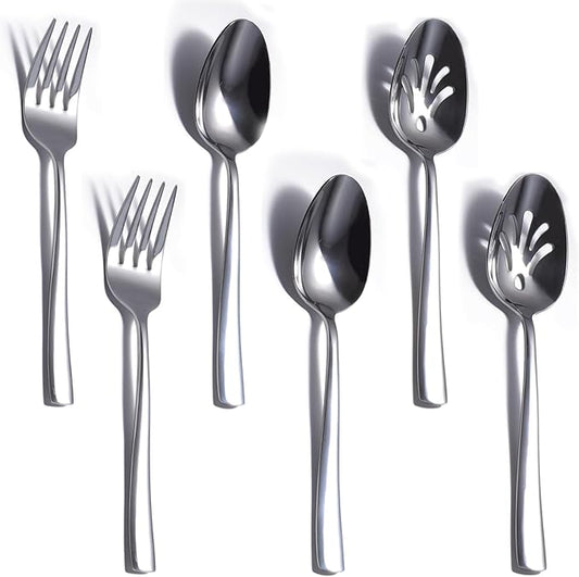 6 Piece Serving Utensils Set, Includes Serving Spoons x 2, Slotted Spoons x 2, Serving Forks x 2, Large Cutlery for Catering Buffet, Mirror Polished, Dishwasher Safe, 9 Inches