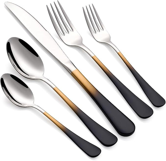 20-Piece Black Gold Silverware Set 18/0 Stainless Steel Silverware Set Black Gold Handle Cutlery Set Service for 4 Dinner Knives Forks Spoons Set Flatware Set Finish Dishwasher Safe