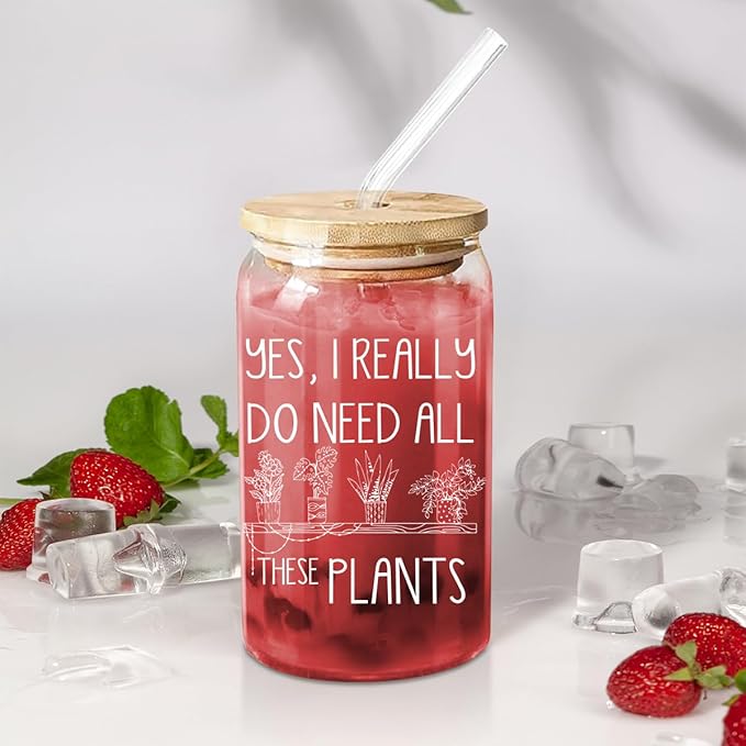 Plant Lover Gifts for Women Plant Themed Glass Cup with Lid and Straw Cute 16 Oz Plant Cup Plant Gifts for Plant Lovers Gifts for Gardeners Women Birthday Christmas Gifts for Plant Lady