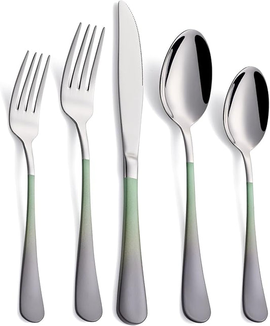 20-Pieces Color Silverware Sets for 4,Green and gray Handle Stainless Steel Cutlery Set, Include Forks Spoons and Knives Set, Dishwasher Safe Utensil Sets for Home Restaurant