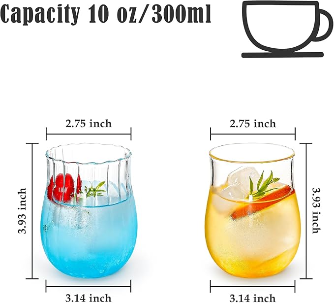 Koythin 2-Piece Ribbed Glass Cups, Vintage Drinking Glassware for Iced Coffee Juice Cocktails Milk Tea Beer, 10 oz/300 ml Cute Bubble Cup with Rounded Shape (Oval Tulip)