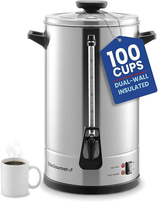 Elite Gourmet 100-Cup Commercial Coffee Urn/Water Boiler, Dual Wall Insulated, Fast Brew 1 Cup/Min, Dual Indicator Lights, Keep Warm, Dripless Faucet, Stainless-Steel