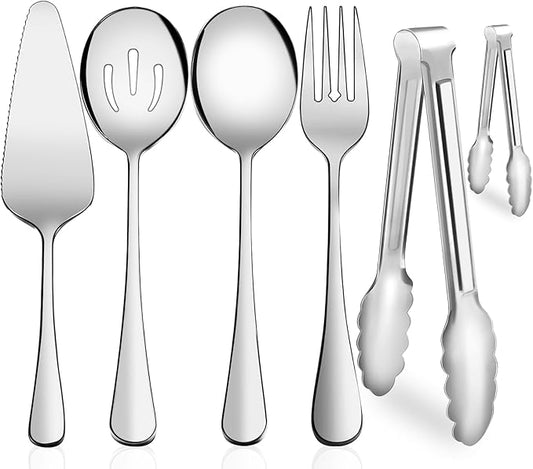 Serving Utensils, XEVOM 6-Piece Stainless Steel Serving Utensil Set Include Serving Spoon, Slotted Serving Spoon, Serving Fork,Serving Tong, Appetizers Tong,Pie Server (Silver), Regular