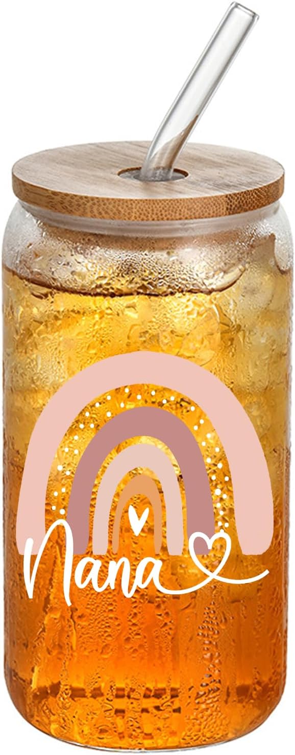 Nana Glass Cups with Lids and Straws, 16 Oz Glasses Set, Perfect for Mothers Day, Birthday, Christmas Gifts for Mom