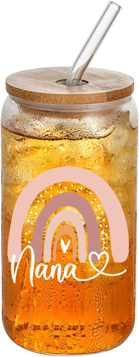 Nana Glass Cups with Lids and Straws, 16 Oz Glasses Set, Perfect for Mothers Day, Birthday, Christmas Gifts for Mom