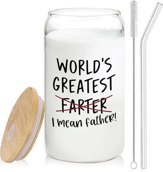 Funny Dad Gifts for Fathers Day Glass Cup with Lids and Straws Cleaning Brush 14oz,Father Dad Birthday Gifts from Daughter Son,World Greatest Farter Glass Coffee Tumbler Drinking Jars