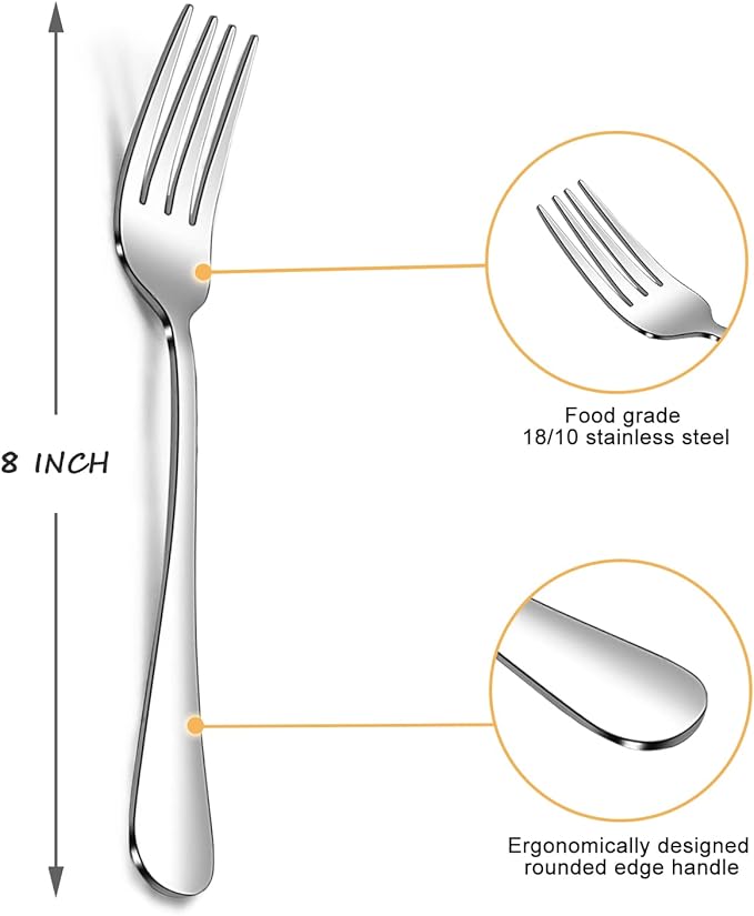 SANTUO Stainless Steel Dinner Forks Set - 12PCS Salad Forks Silverware with Round Handle, Mirror Finish & Dishwasher Safe, Use for Home, Kitchen or Restaurant - Silver 8 Inches