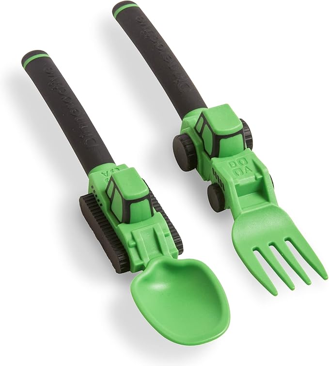 Dinneractive Green Construction Themed Toddler Utensil Set 2-Piece Set Loader & Tractor Toddler Spoons and Forks